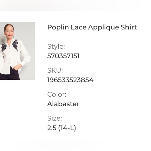 :: CHICO’S Poplin Black Lace on White Appliqué Blouse Dressy Shirt SOLD … - Picture 14 of 14